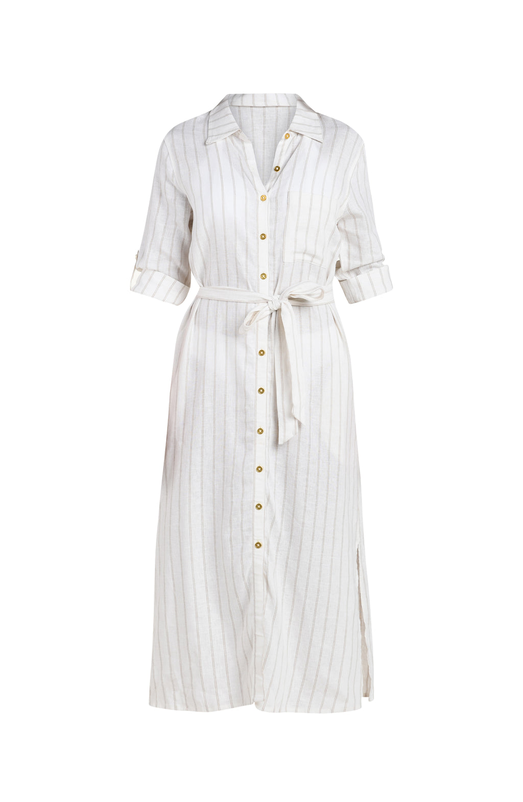 Floating image of a cream striped colored button-down, shirt dress cover-up with roll-tab sleeves, a belted waist, and side slits. 