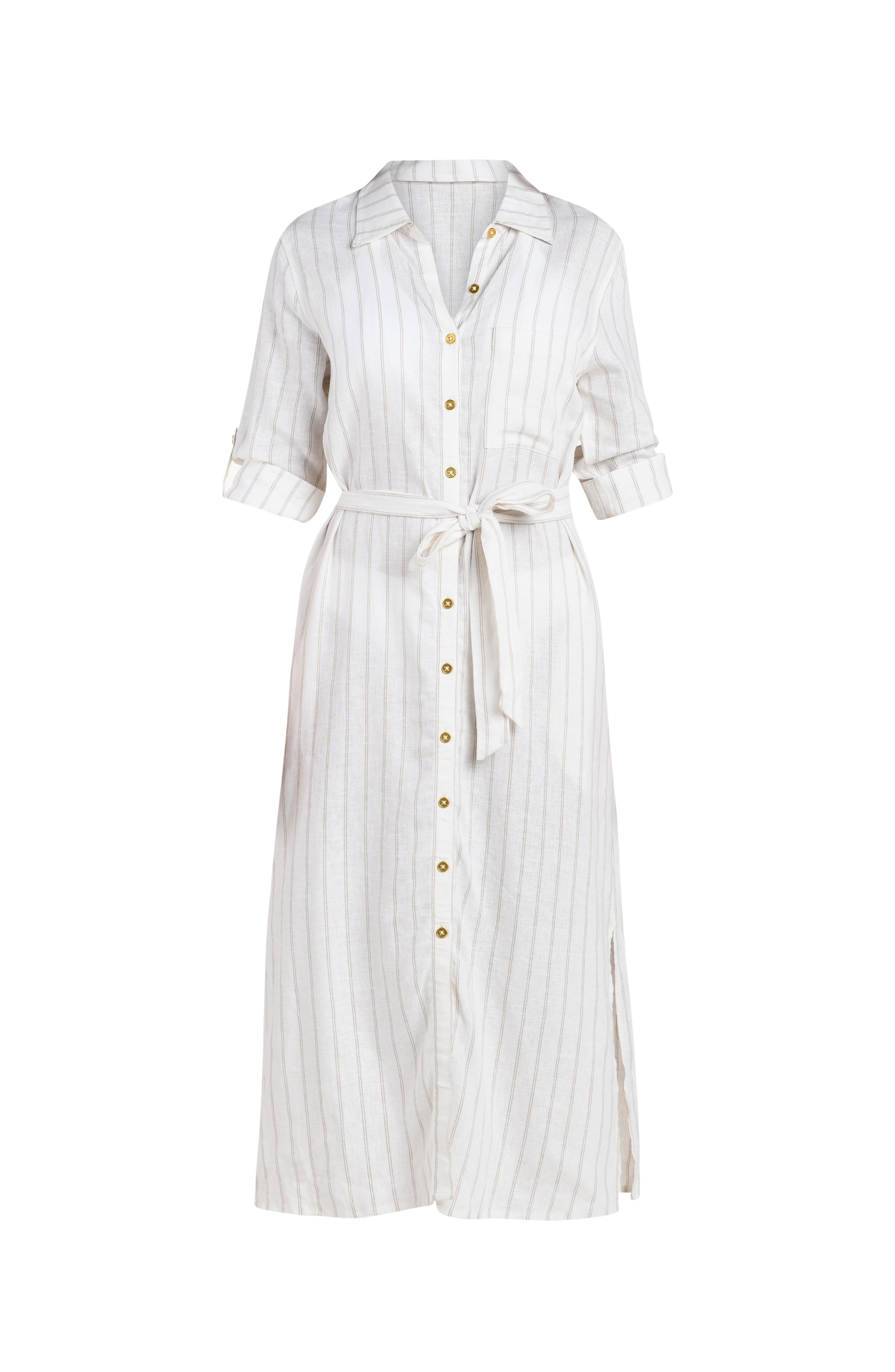 Floating image of a cream striped colored button-down, shirt dress cover-up with roll-tab sleeves, a belted waist, and side slits. 