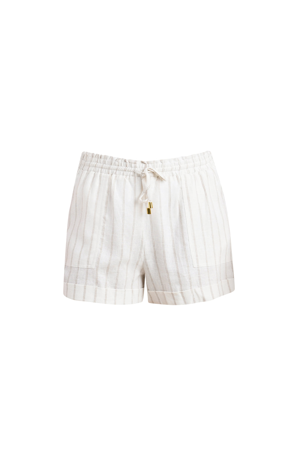Floating image of cream striped beach shorts.