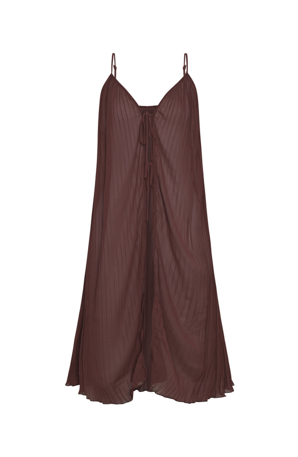 Brown slip dress with wide-leg pants on a white background