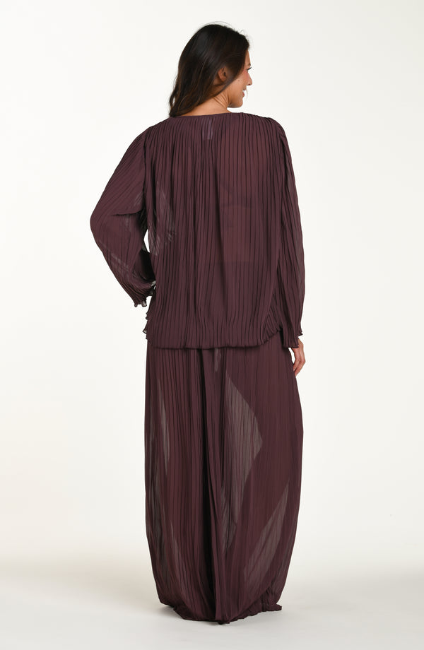 Woman wearing a long burgundy dress with sheer overlay on a white background