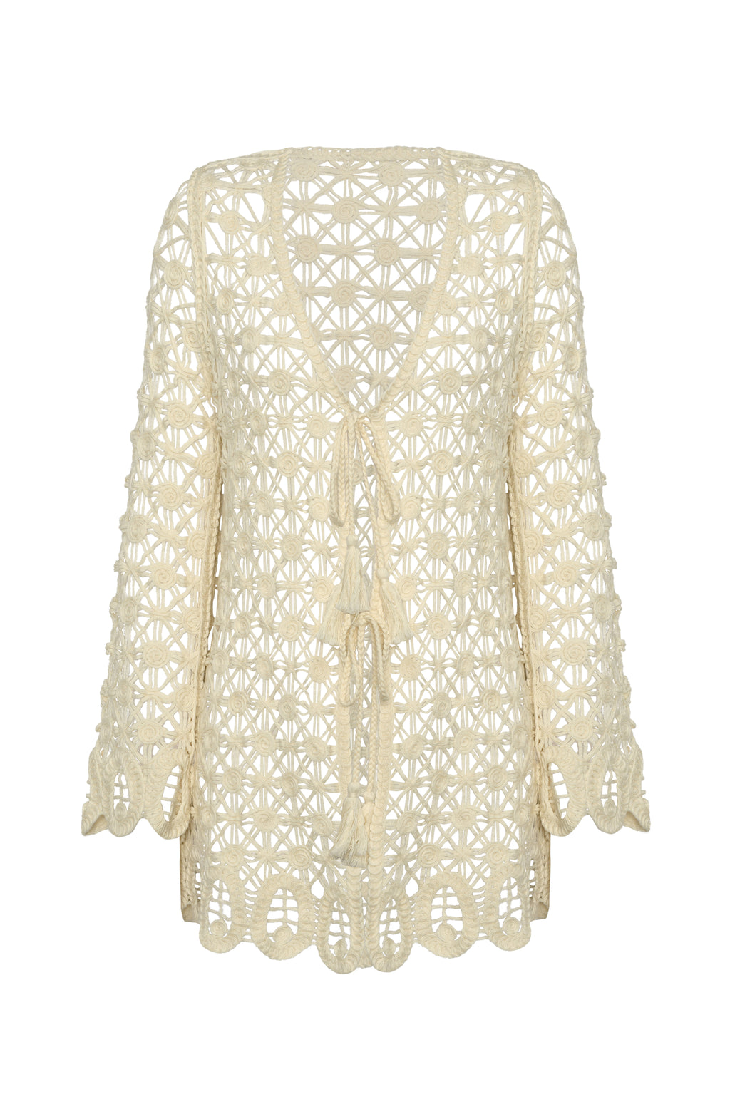Crocheted beige cardigan on a white background