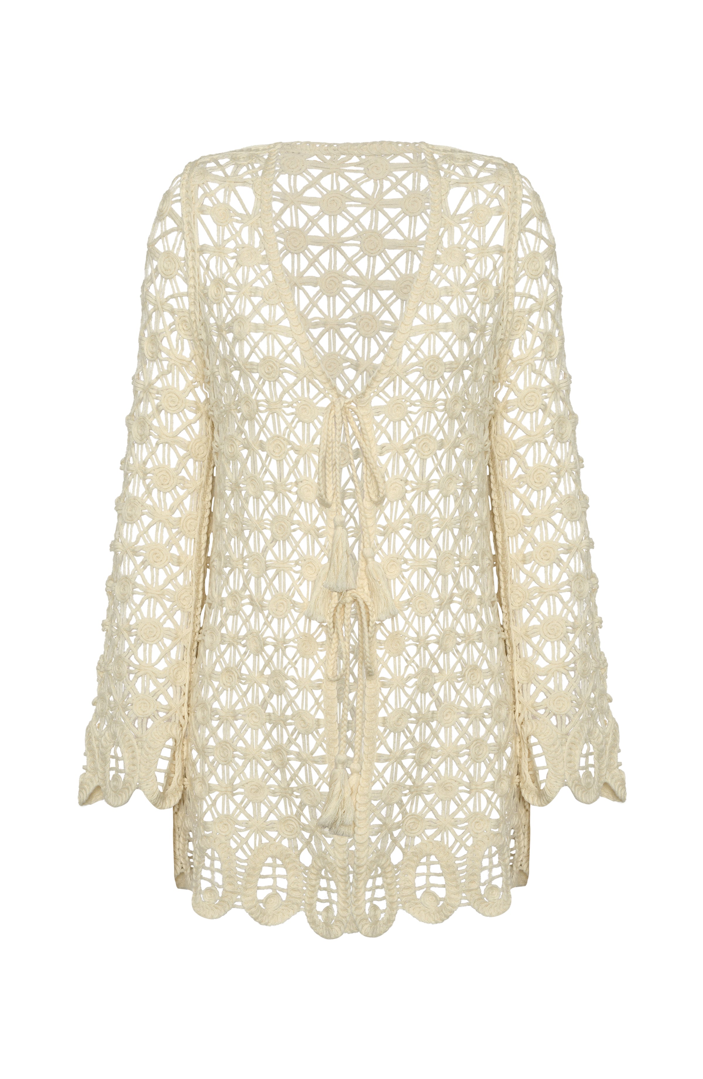 Crocheted beige cardigan on a white background