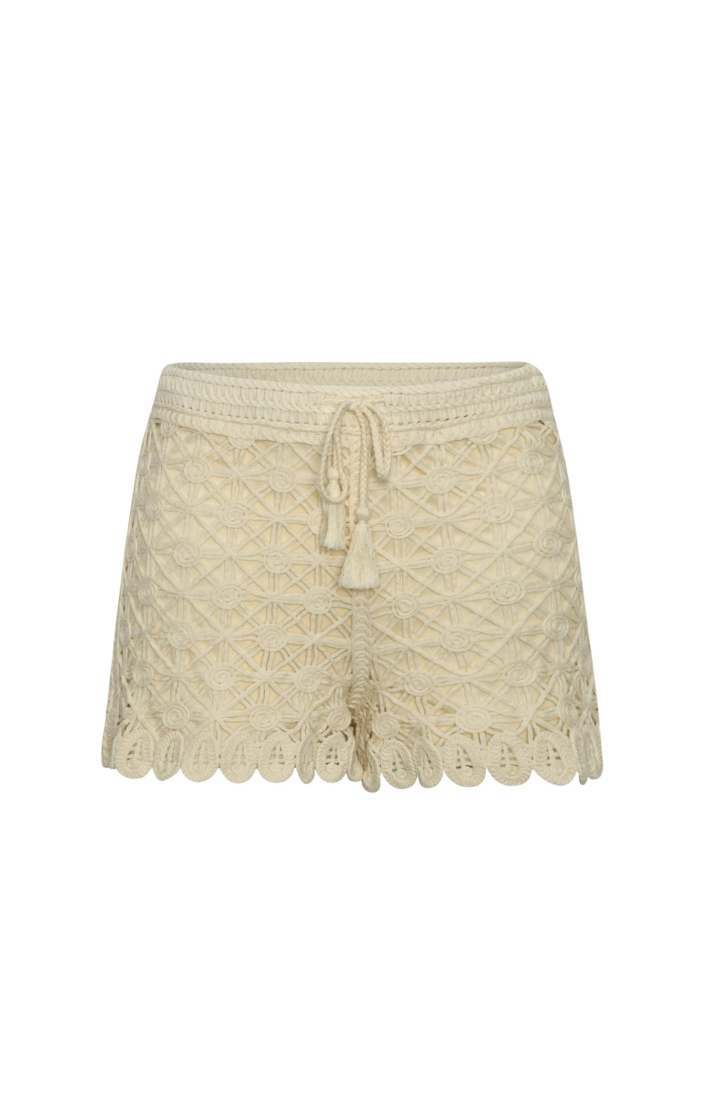 Beige knitted shorts with lace trim on a white background