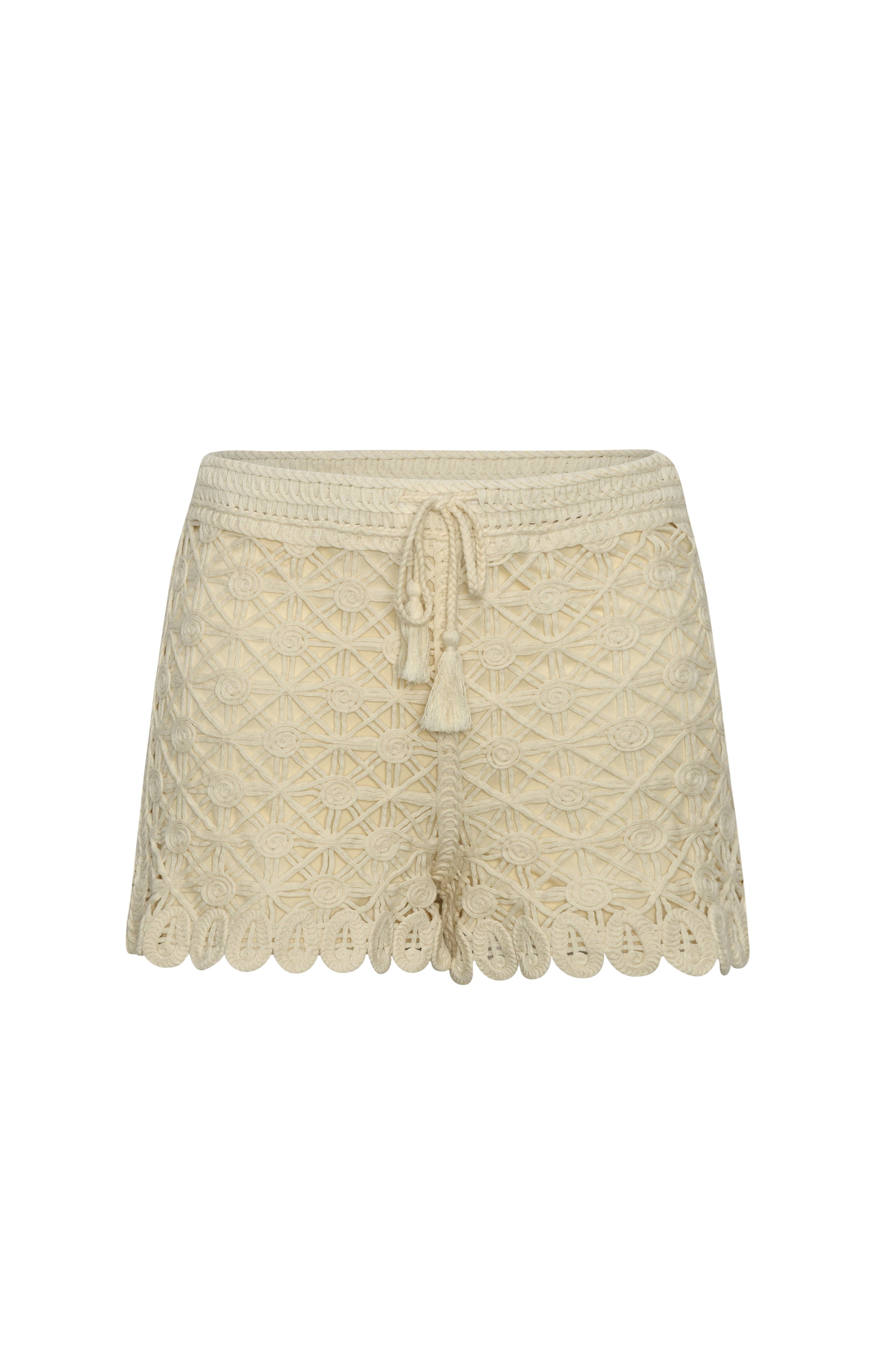 Beige knitted shorts with lace trim on a white background