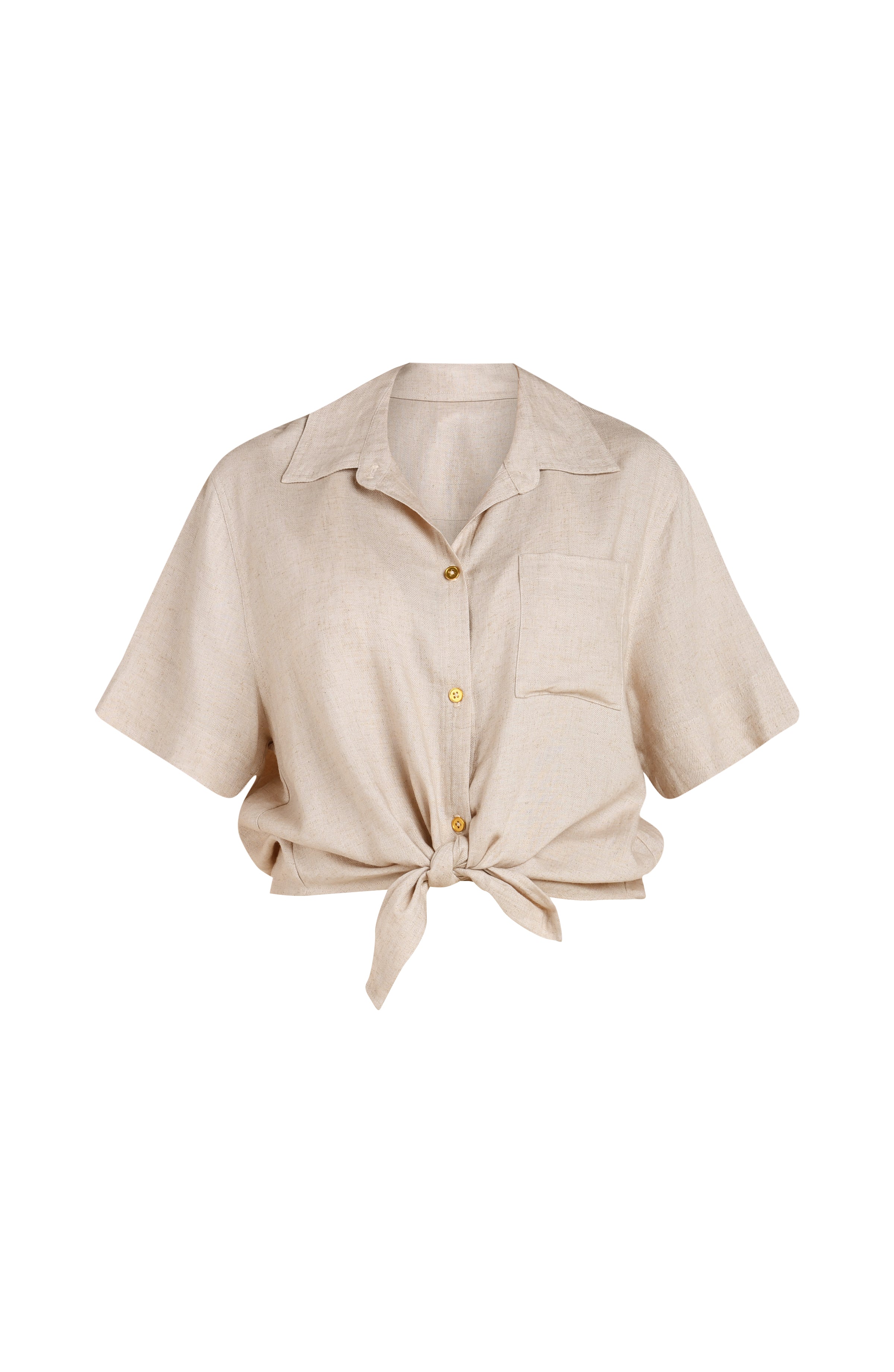 Floating image of a taupe colored short-sleeve cover-up shirt with button front, chest pocket, and tie-front waist.