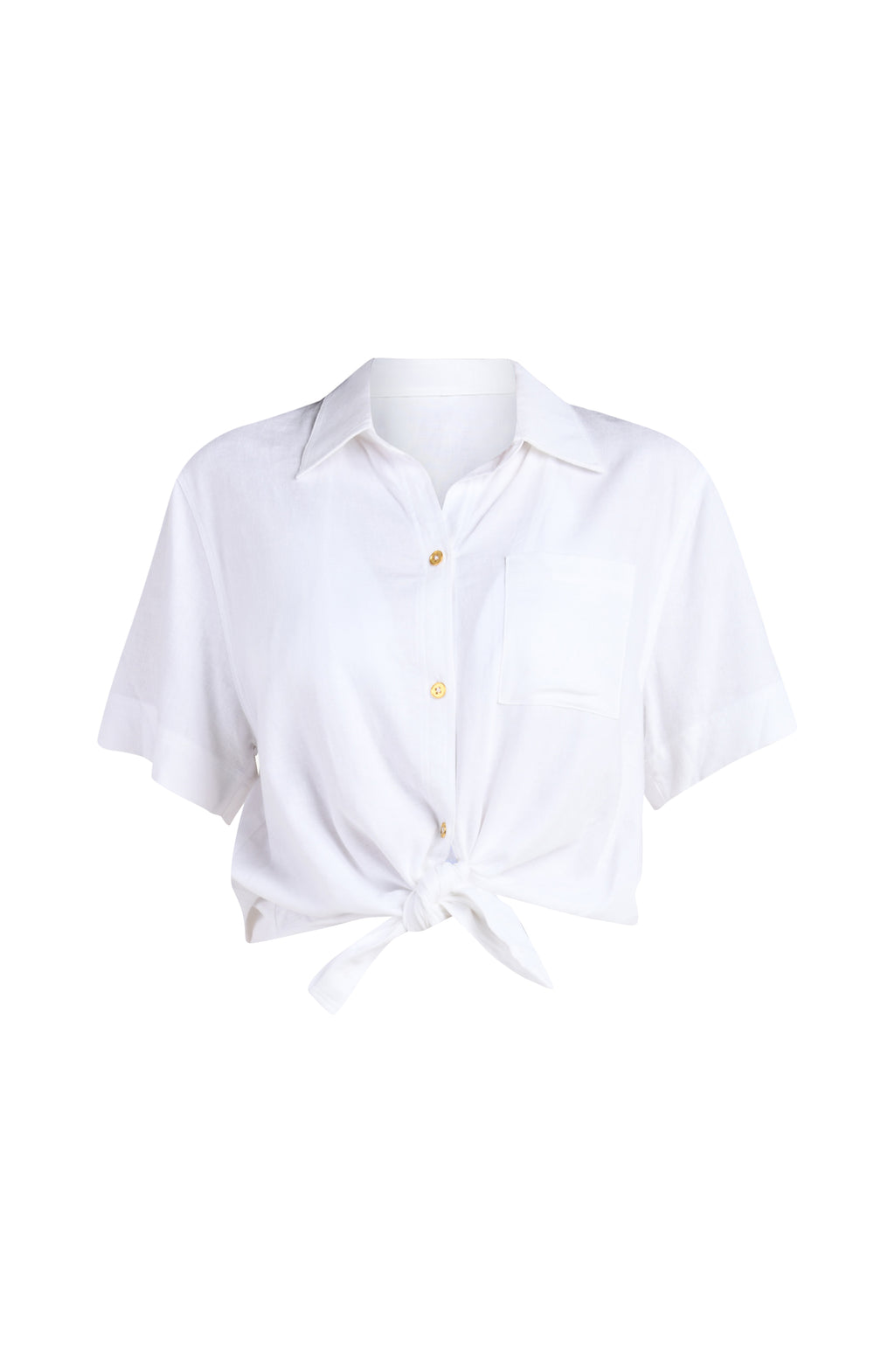 Floating image of a white colored short-sleeve cover-up shirt with button front, chest pocket, and tie-front waist.