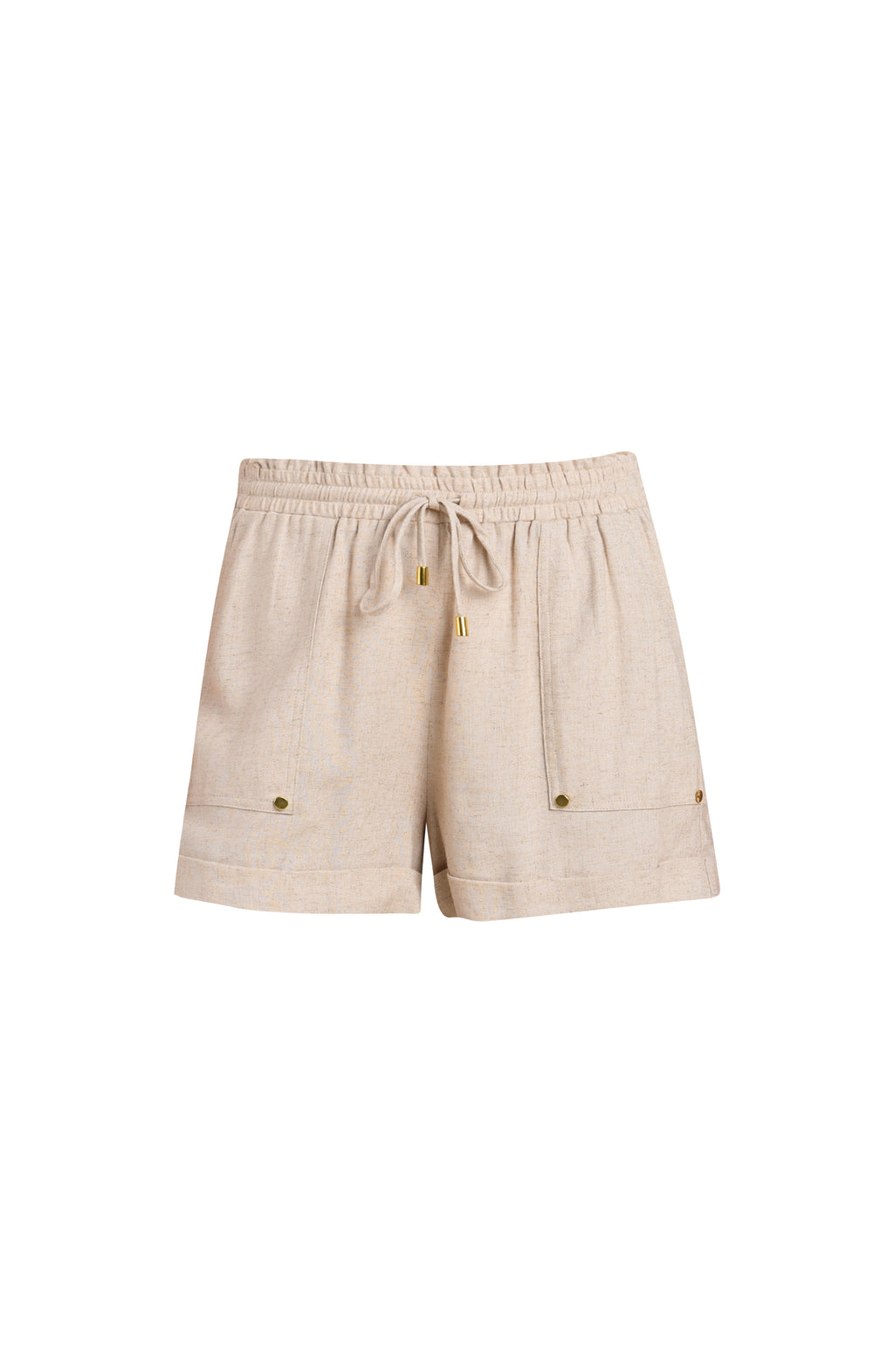 Floating image of taupe beach shorts.