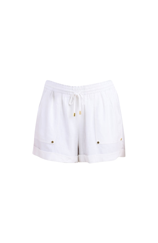 Floating image of white beach shorts.
