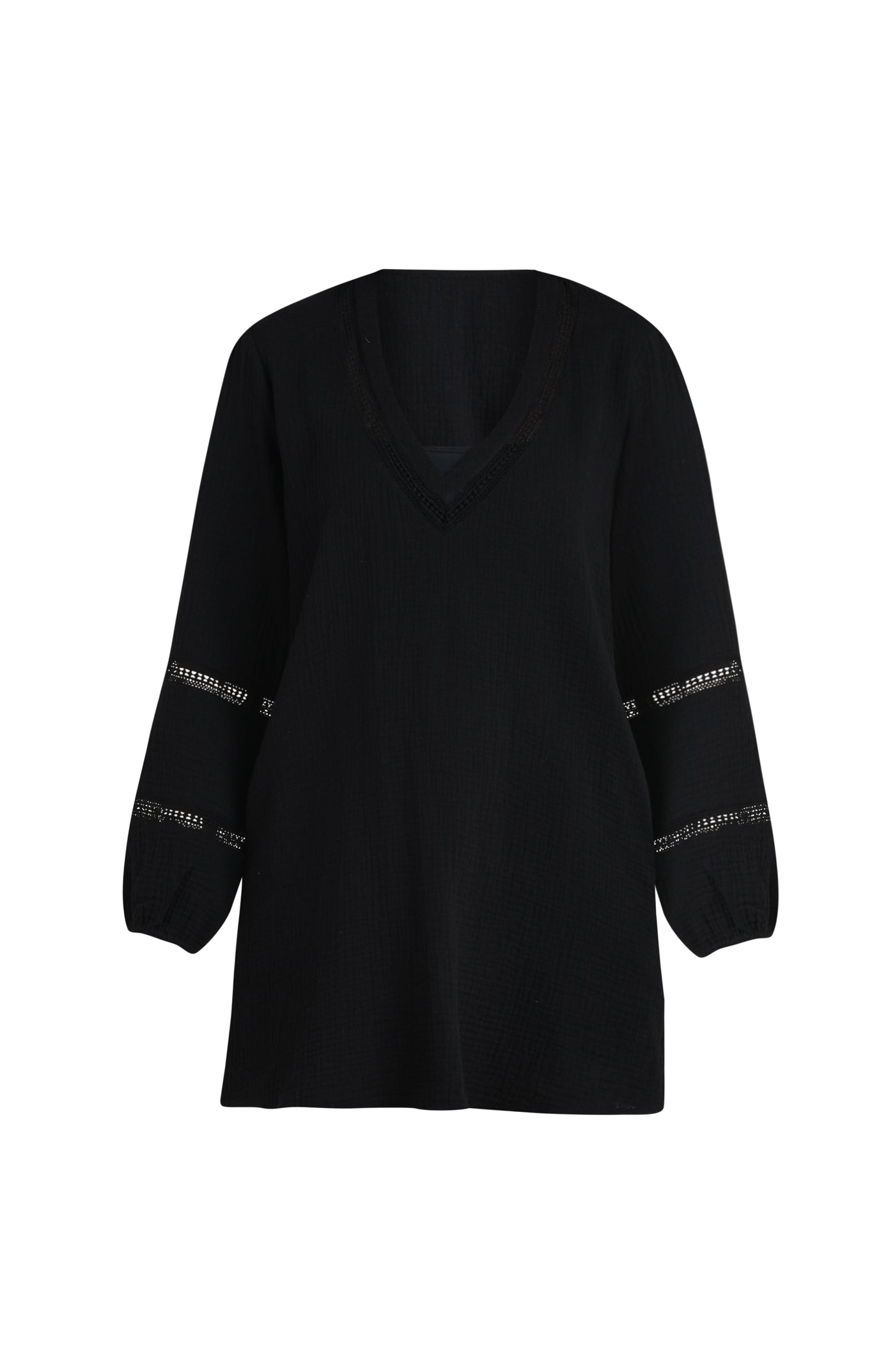 
                  
                    Floating image of a black long-sleeve tunic cover-up with a V-neckline and sheer lace trim accents. 
                  
                