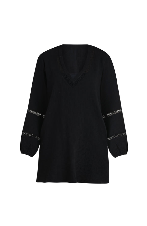 Floating image of a black long-sleeve tunic cover-up with a V-neckline and sheer lace trim accents. 