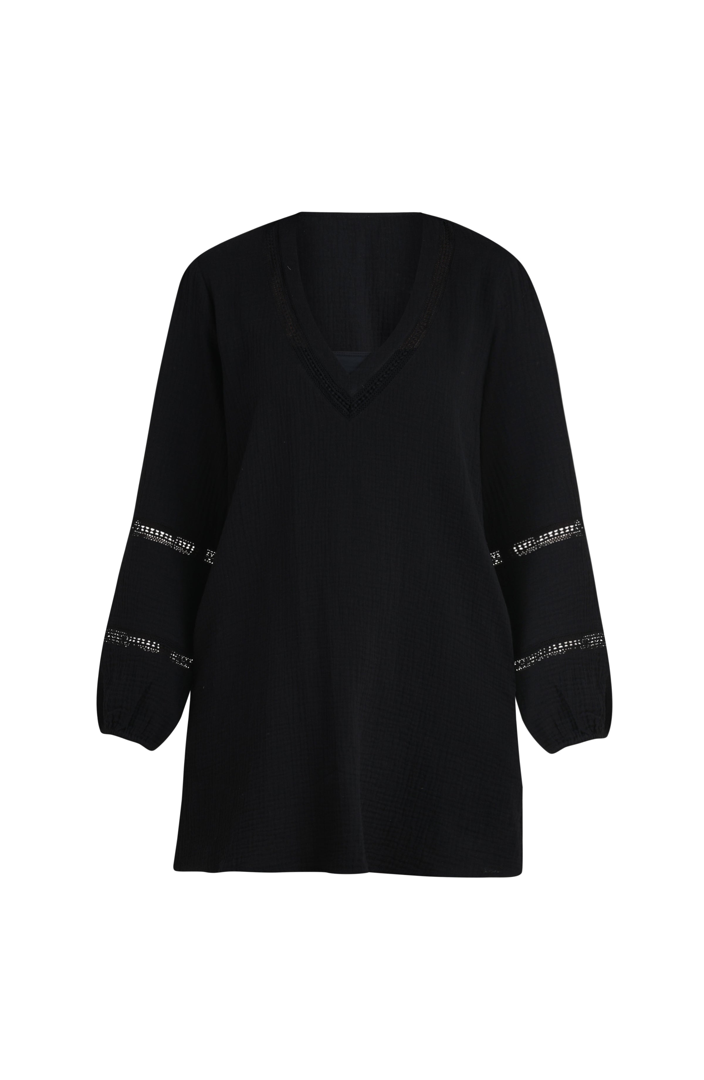 Floating image of a black long-sleeve tunic cover-up with a V-neckline and sheer lace trim accents. 