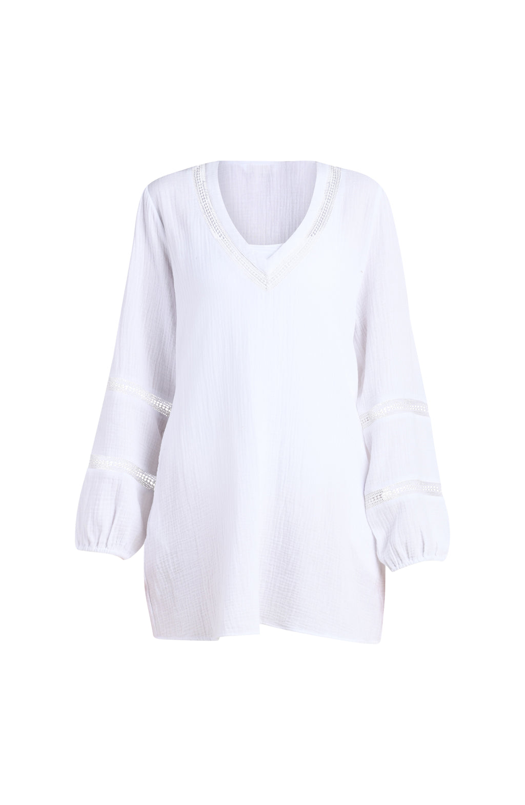 Floating image of a white long-sleeve tunic cover-up with a V-neckline and sheer lace trim accents. 