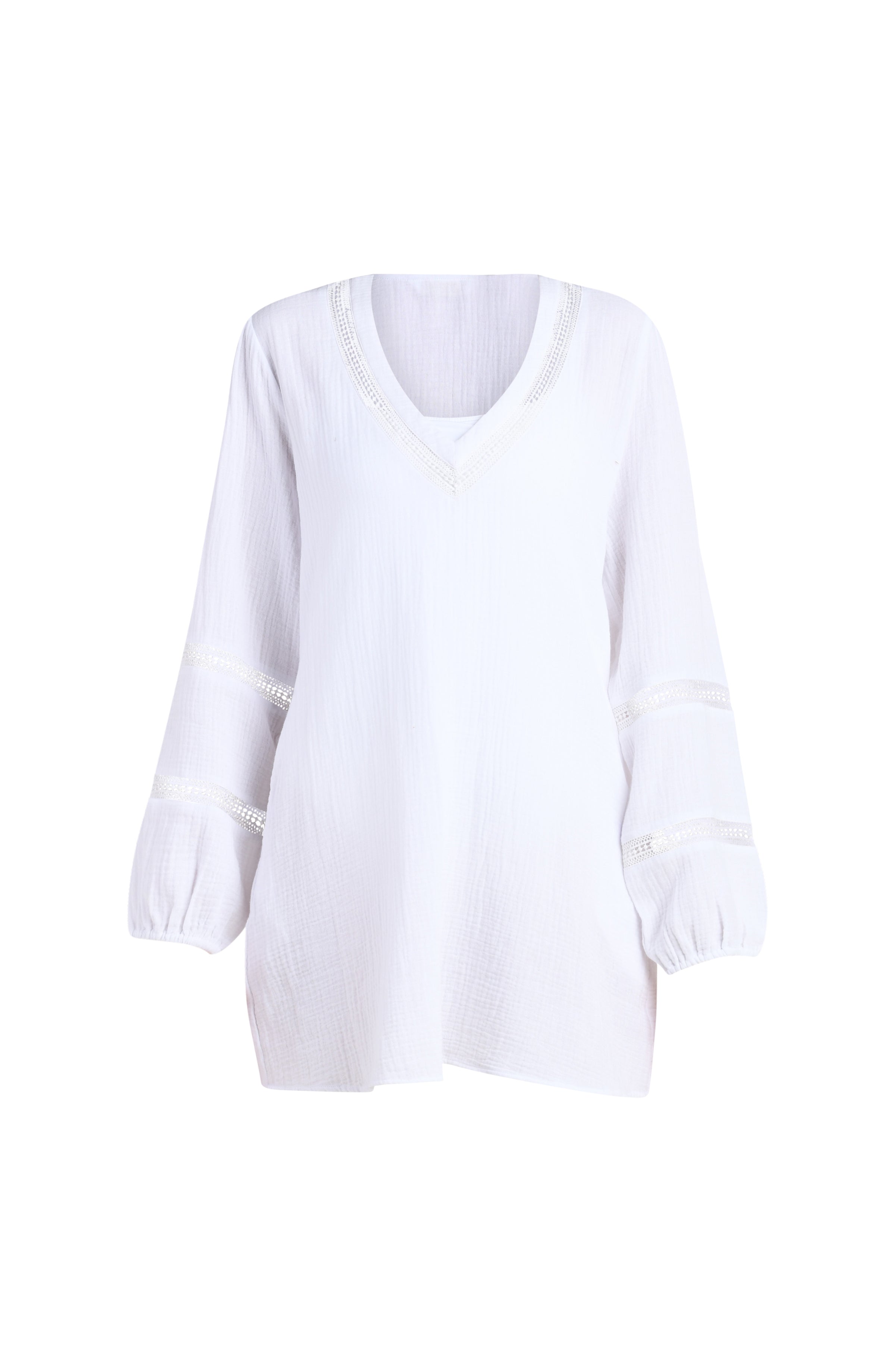 Floating image of a white long-sleeve tunic cover-up with a V-neckline and sheer lace trim accents. 