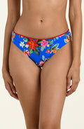 Blue floral bikini bottom on a beige background