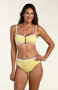 Woman wearing a yellow bikini top and matching bikini bottom with a white background