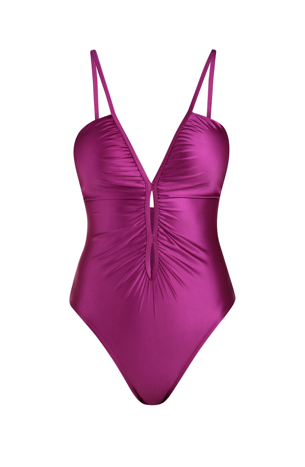 Floating image of a berry colored one-piece swimsuit with thin straps, a plunging neckline accented by keyhole cutouts, and ruched detailing. 