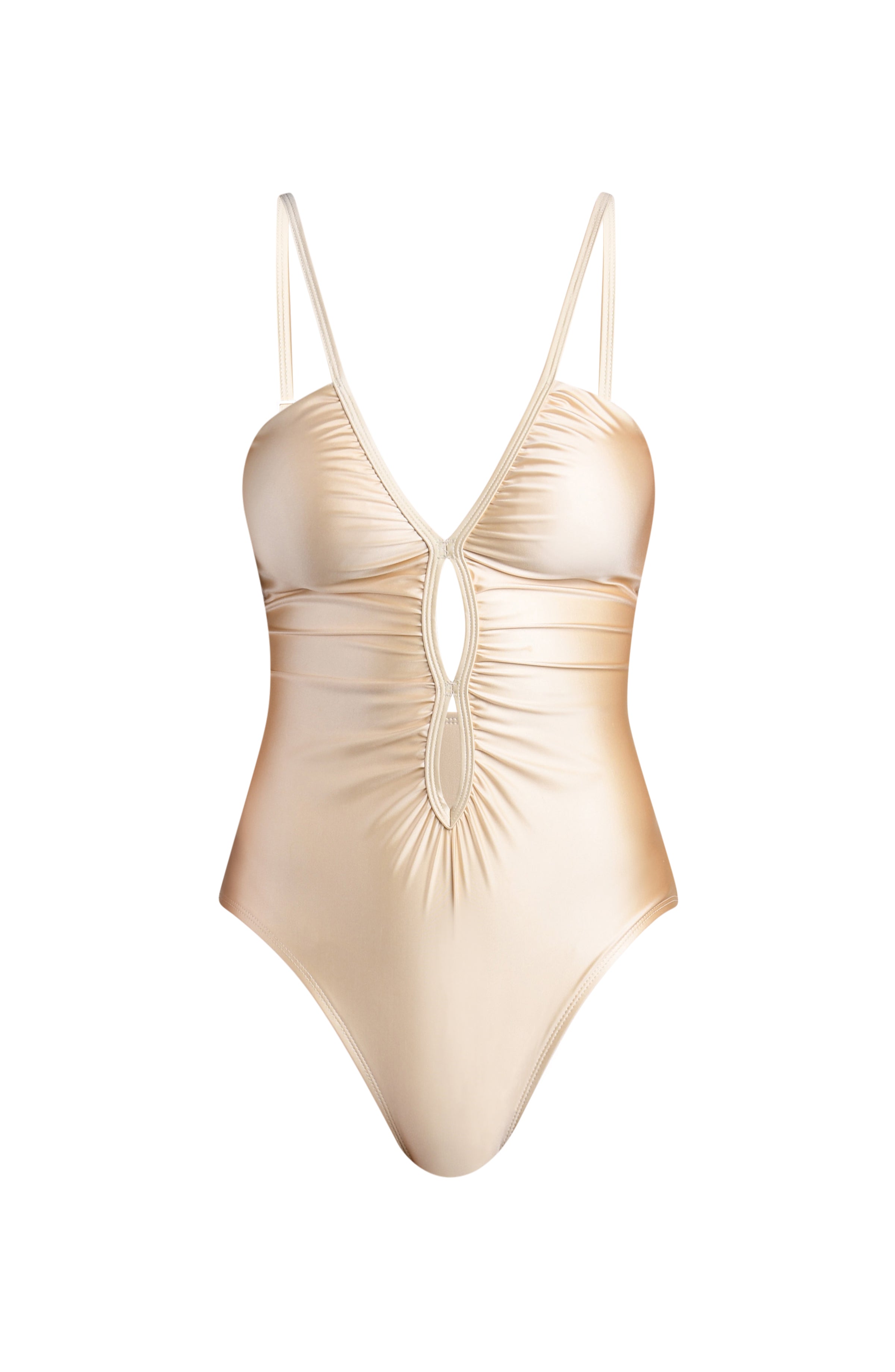 Champagne colored one piece swimsuit against a white background. 