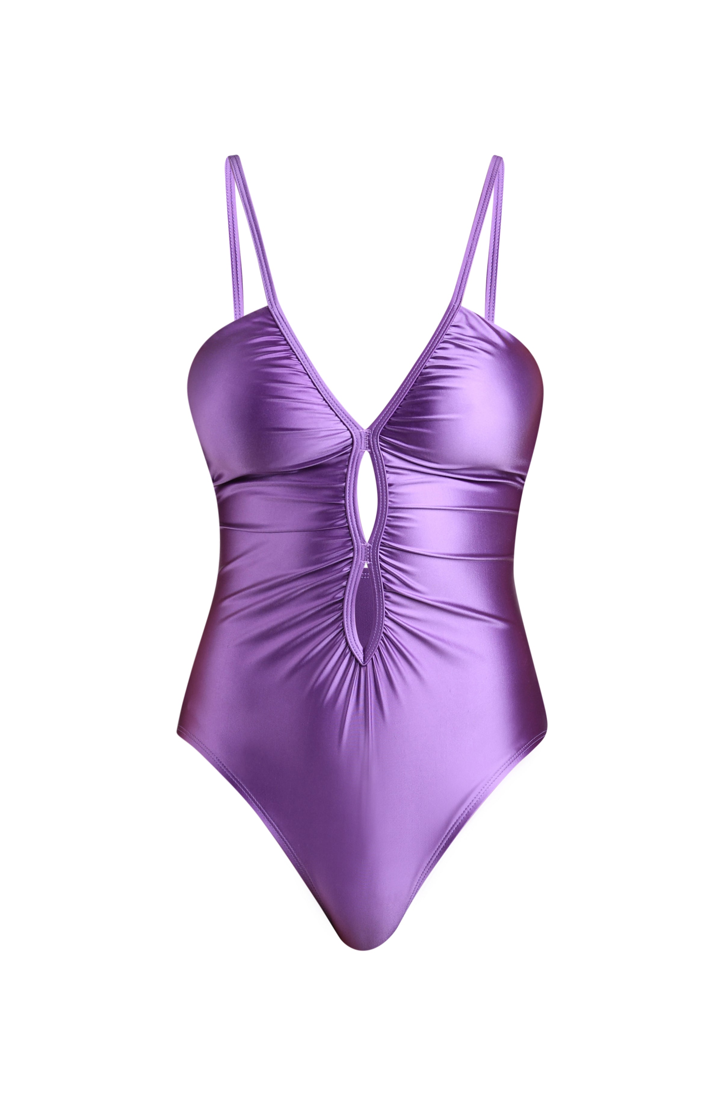 Lavender colored swimsuit with thin straps on a white background