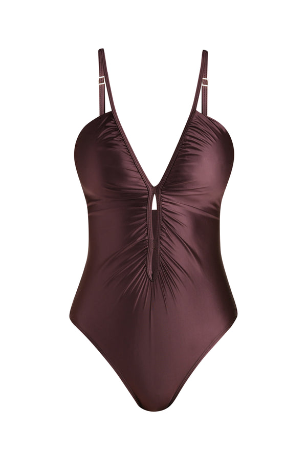 Floating image of a one-piece swimsuit in a truffle (brown) color with thin over the shoulder straps, a plunging V-neckline, and ruched detailing down the front.