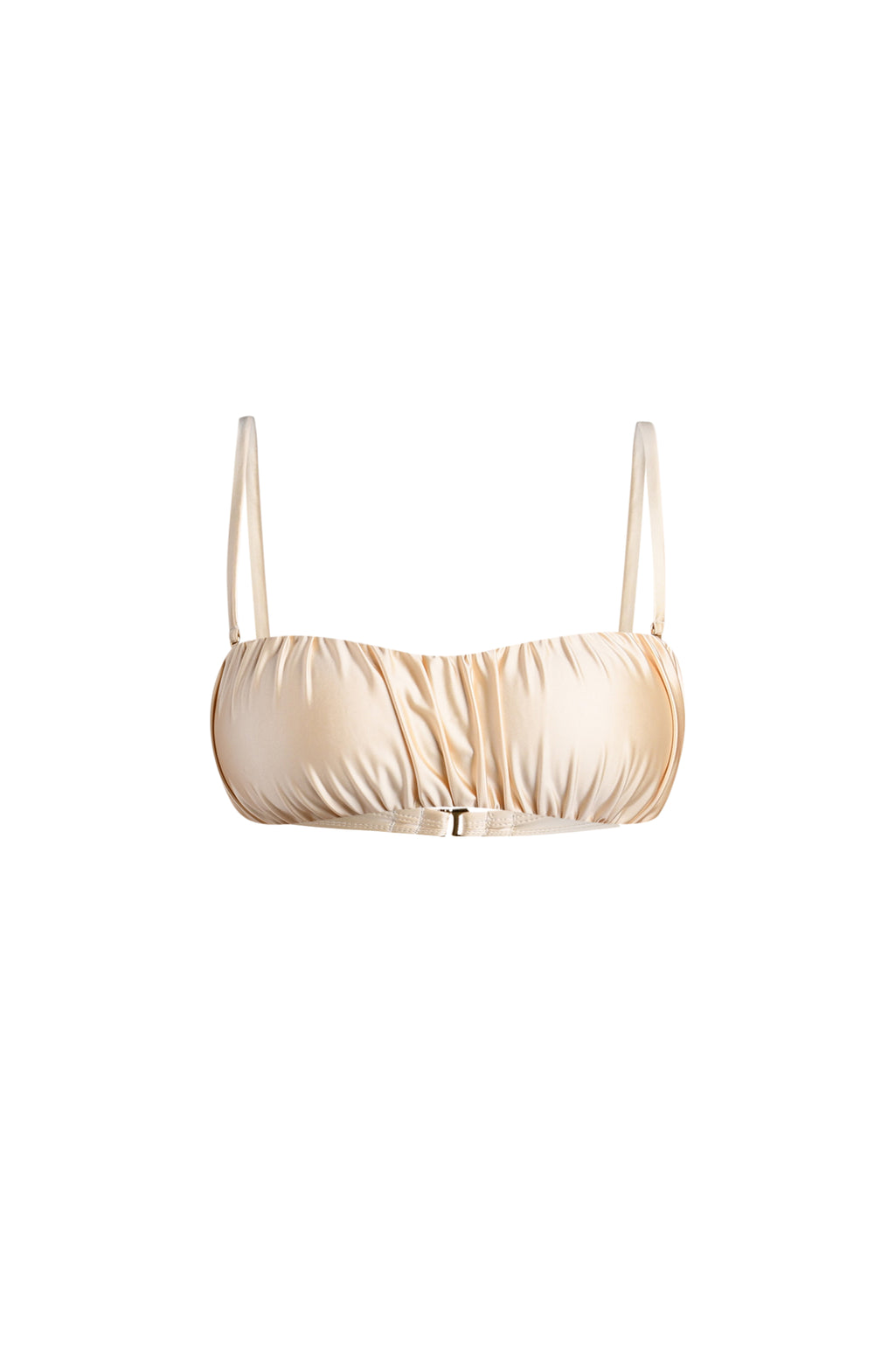 Champagne colored bikini top against a white background. 