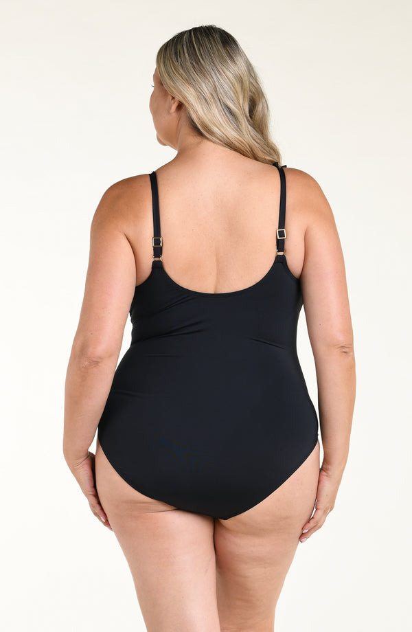 Island Goddess Ruffle V-Plunge One Piece - Black