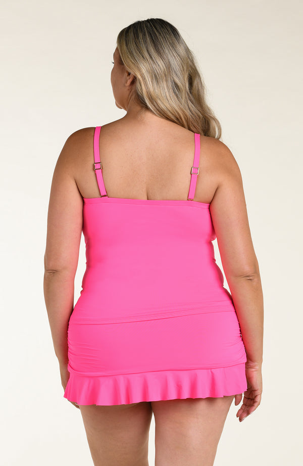 Island Goddess Ruffle Bandeau Tankini Top - Bright Pink