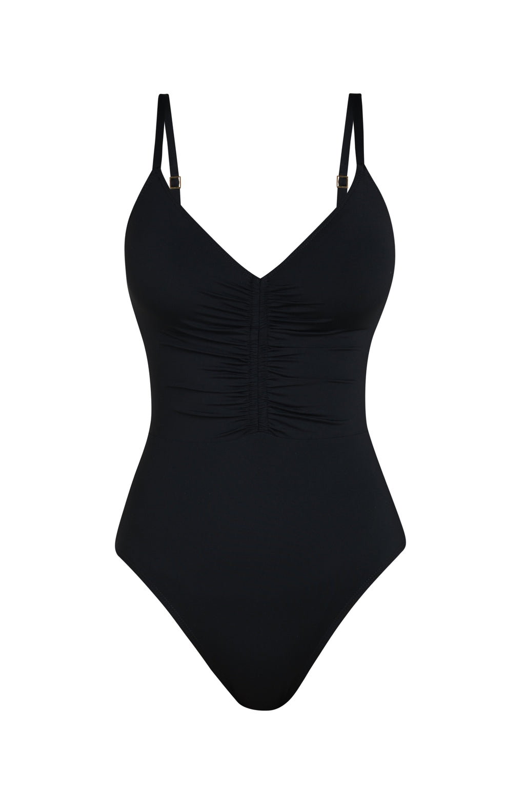 Floating image of a black one-piece swimsuit with thin straps, V-neckline, and ruched front detail.