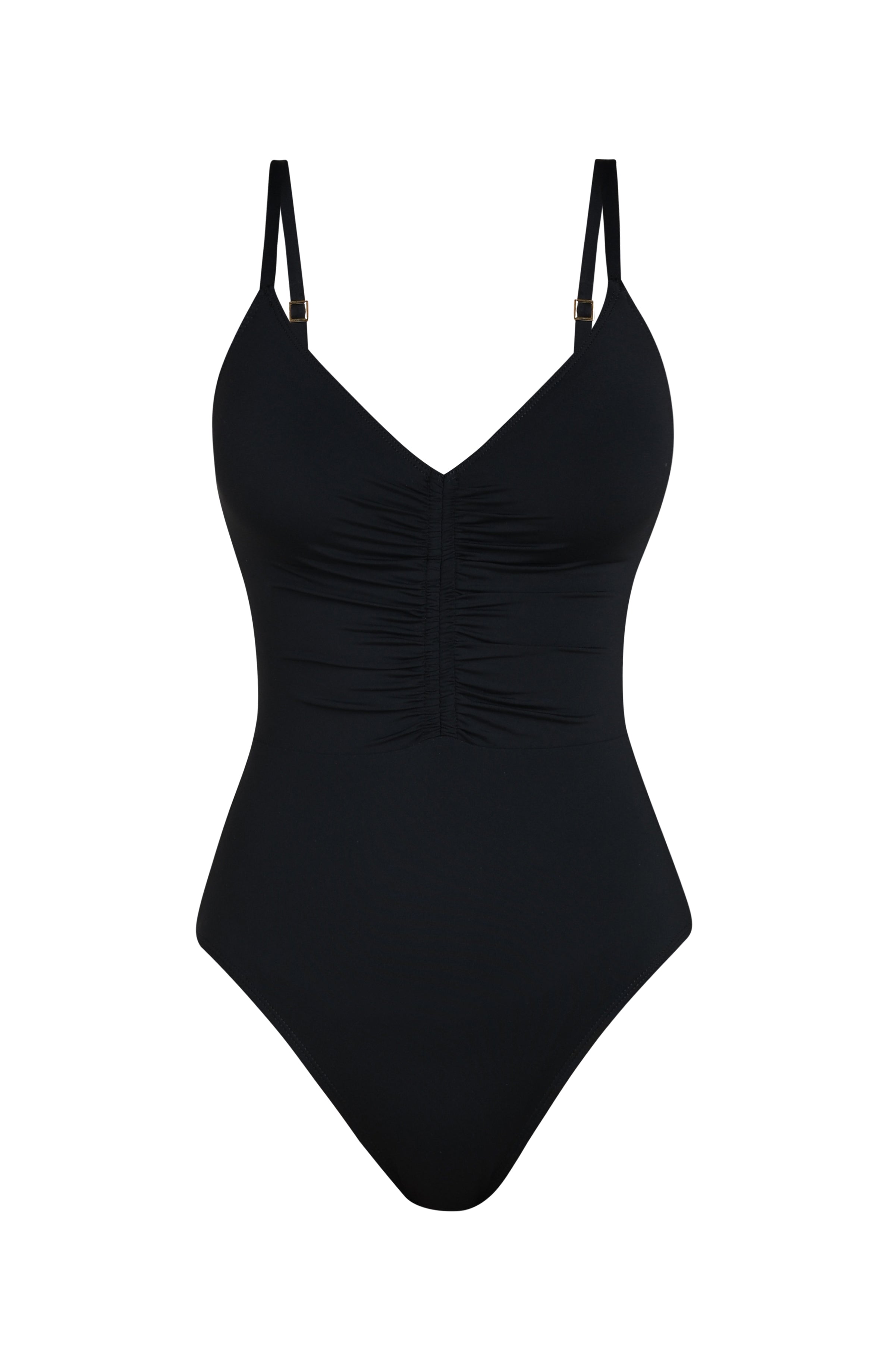 Floating image of a black one-piece swimsuit with thin straps, V-neckline, and ruched front detail.