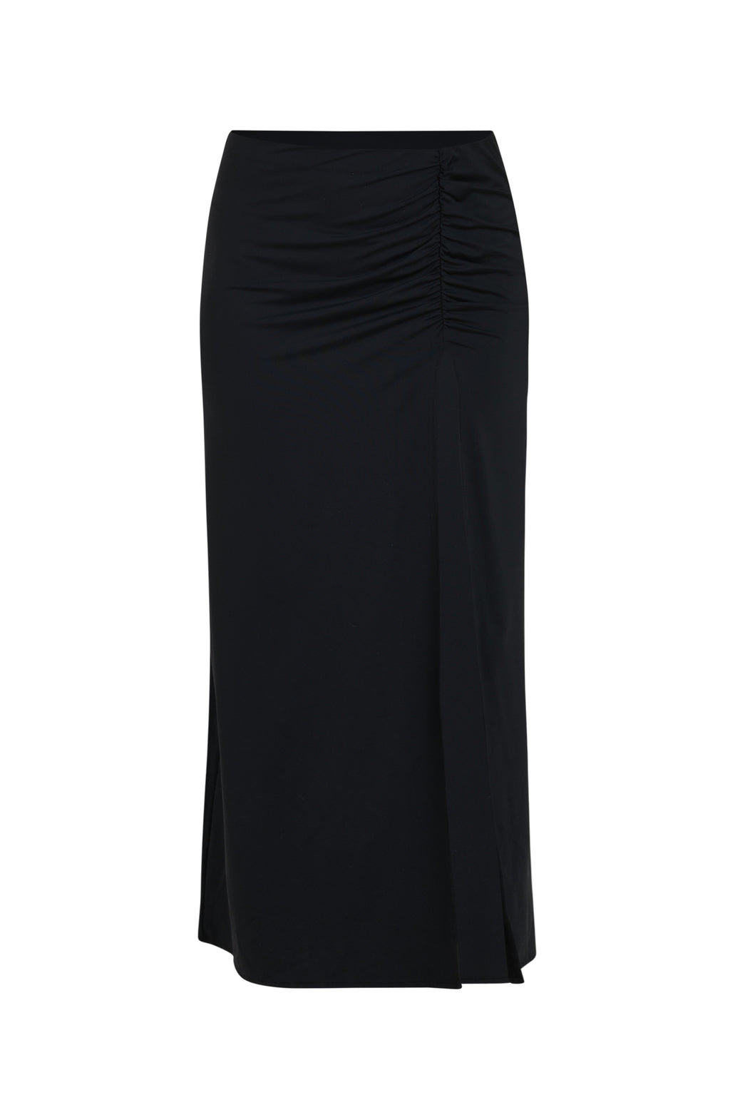 Floating image of a black maxi cover-up skirt with ruched detailing at the waist and a high side slit. 