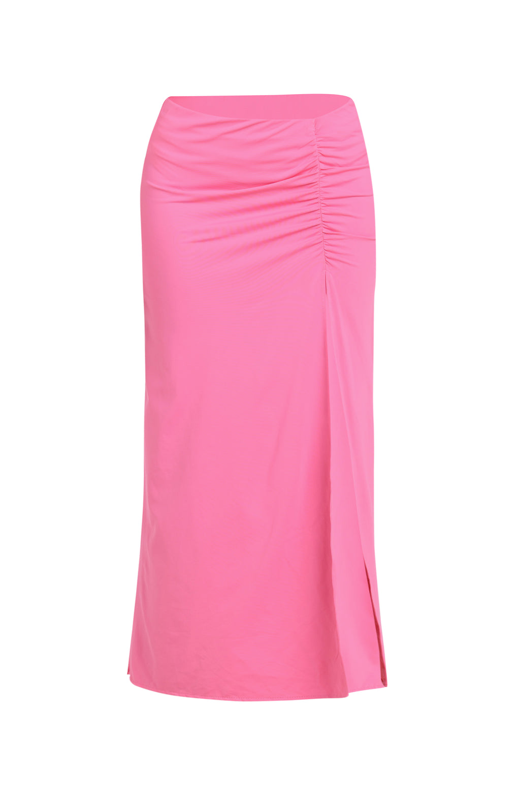 Floating image of a rose pink colored maxi cover-up skirt with ruched detailing at the waist and a high side slit. 