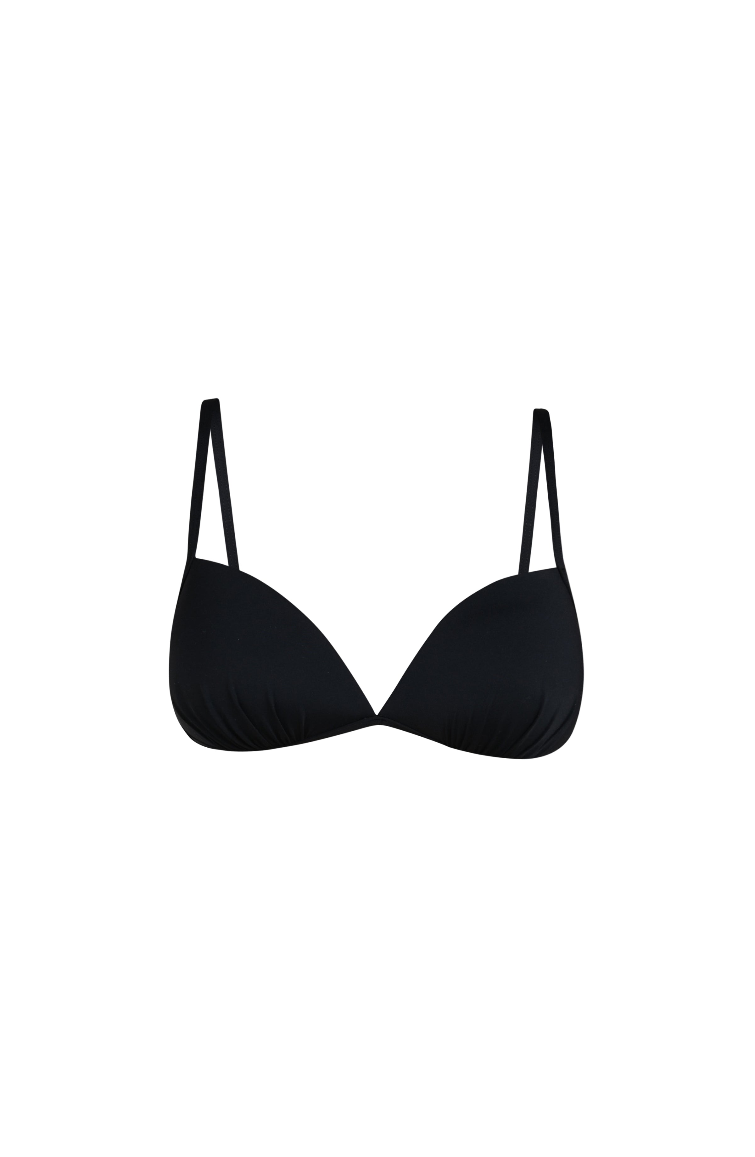 Floating image of a black bikini top with thin adjustable straps and a plunging neckline.