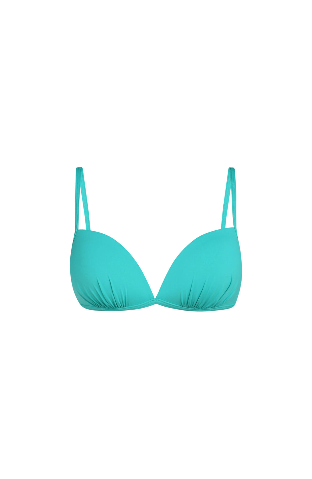 Floating image of a calypso (turquoise) colored bikini top with thin adjustable straps and a plunging neckline.