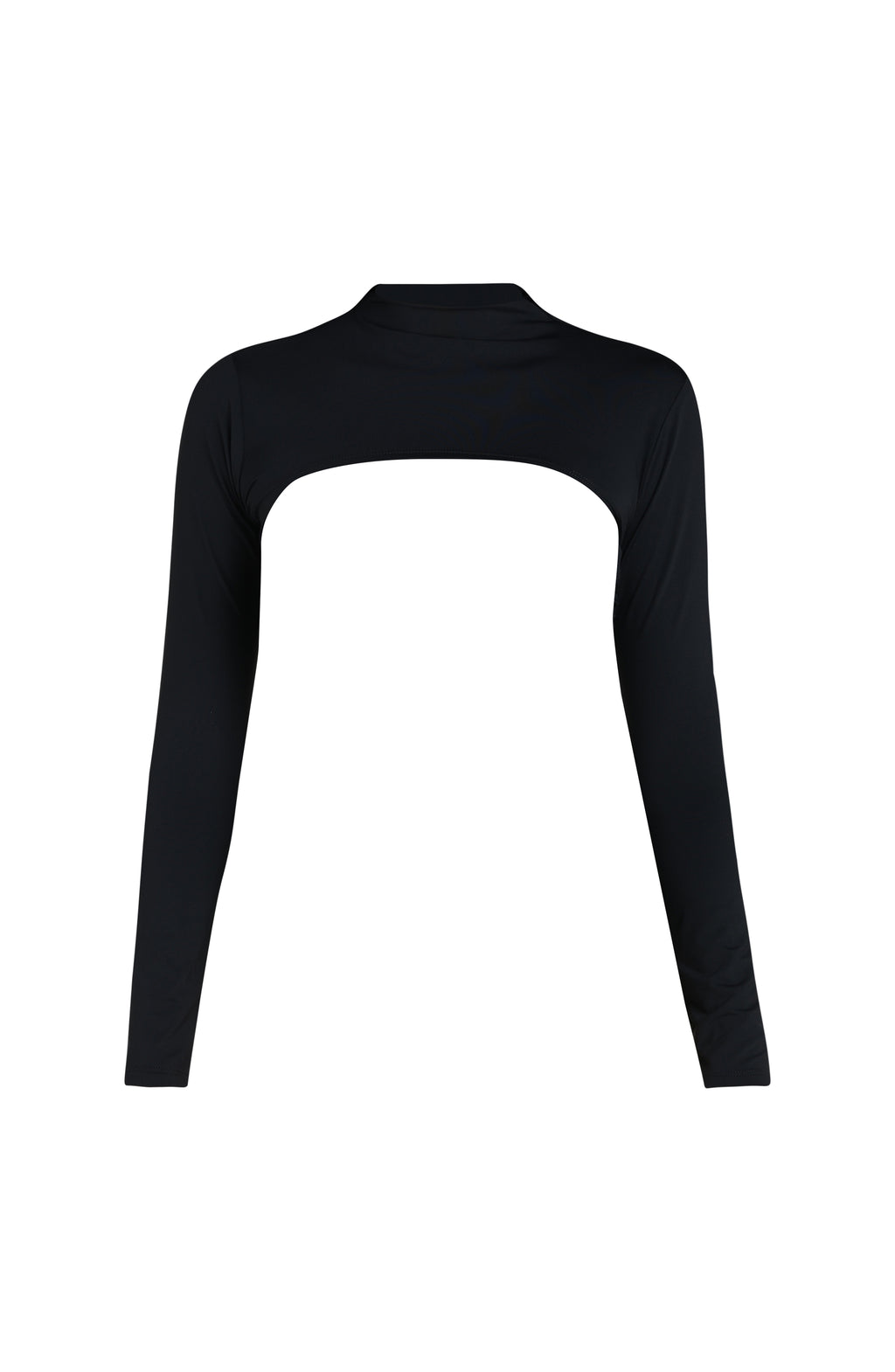 Floating image of a black long-sleeve overlay top with a high neckline.