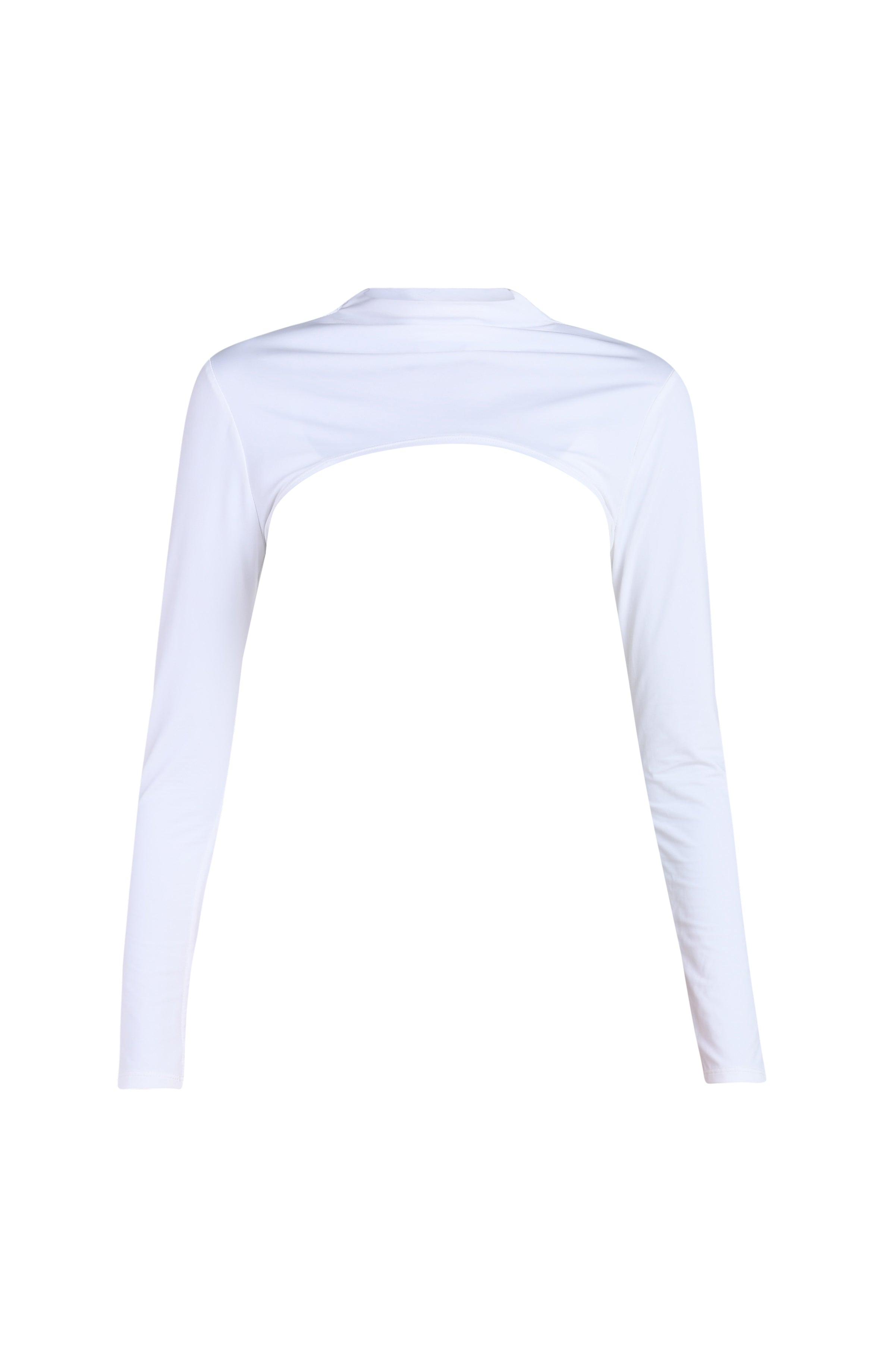 Floating image of a white long-sleeve overlay top with a high neckline.