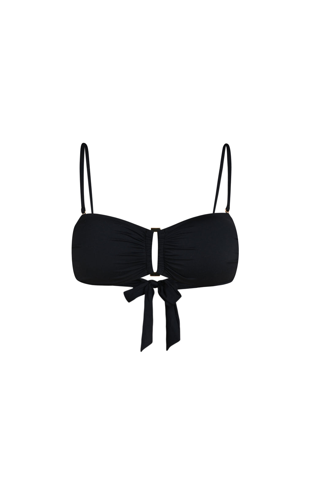 Floating image of a solid black bandeau bikini top with removable straps, ruched detailing, and a center metal accent.