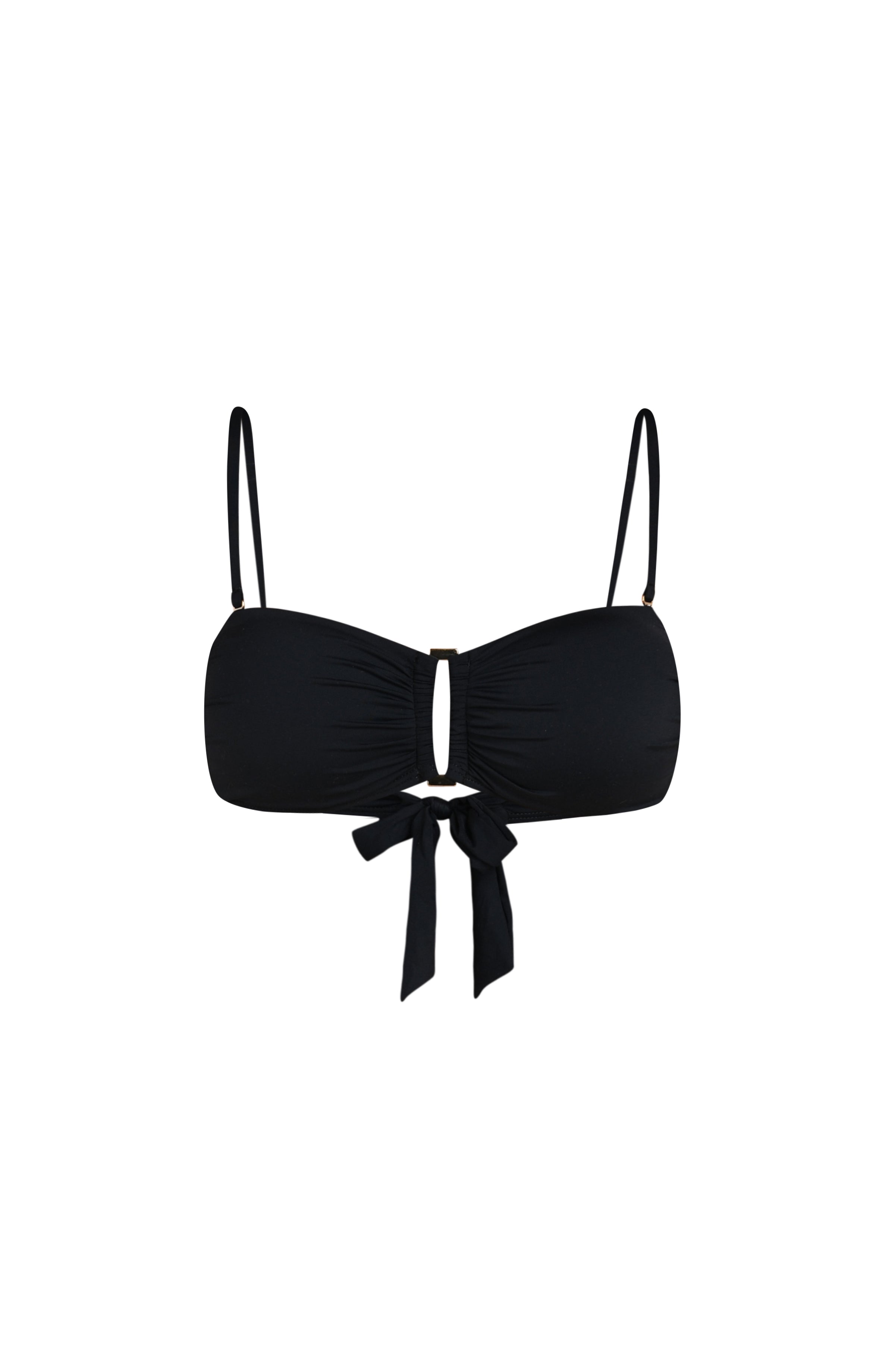Floating image of a solid black bandeau bikini top with removable straps, ruched detailing, and a center metal accent.