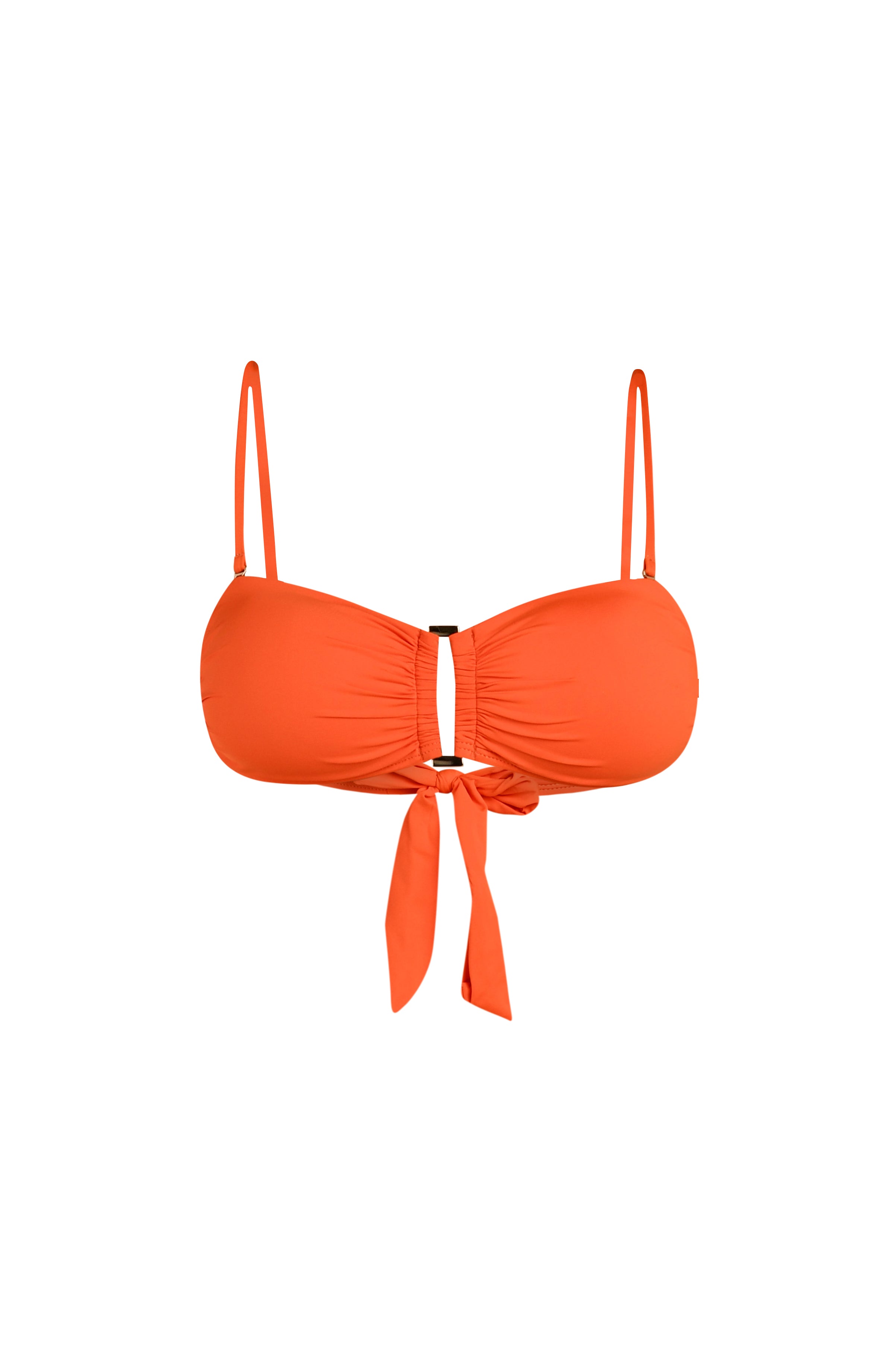 Floating image of a tangelo (orange) colored bandeau-style bikini top featuring a ruched center with a gold rectangular accent and removable adjustable straps.