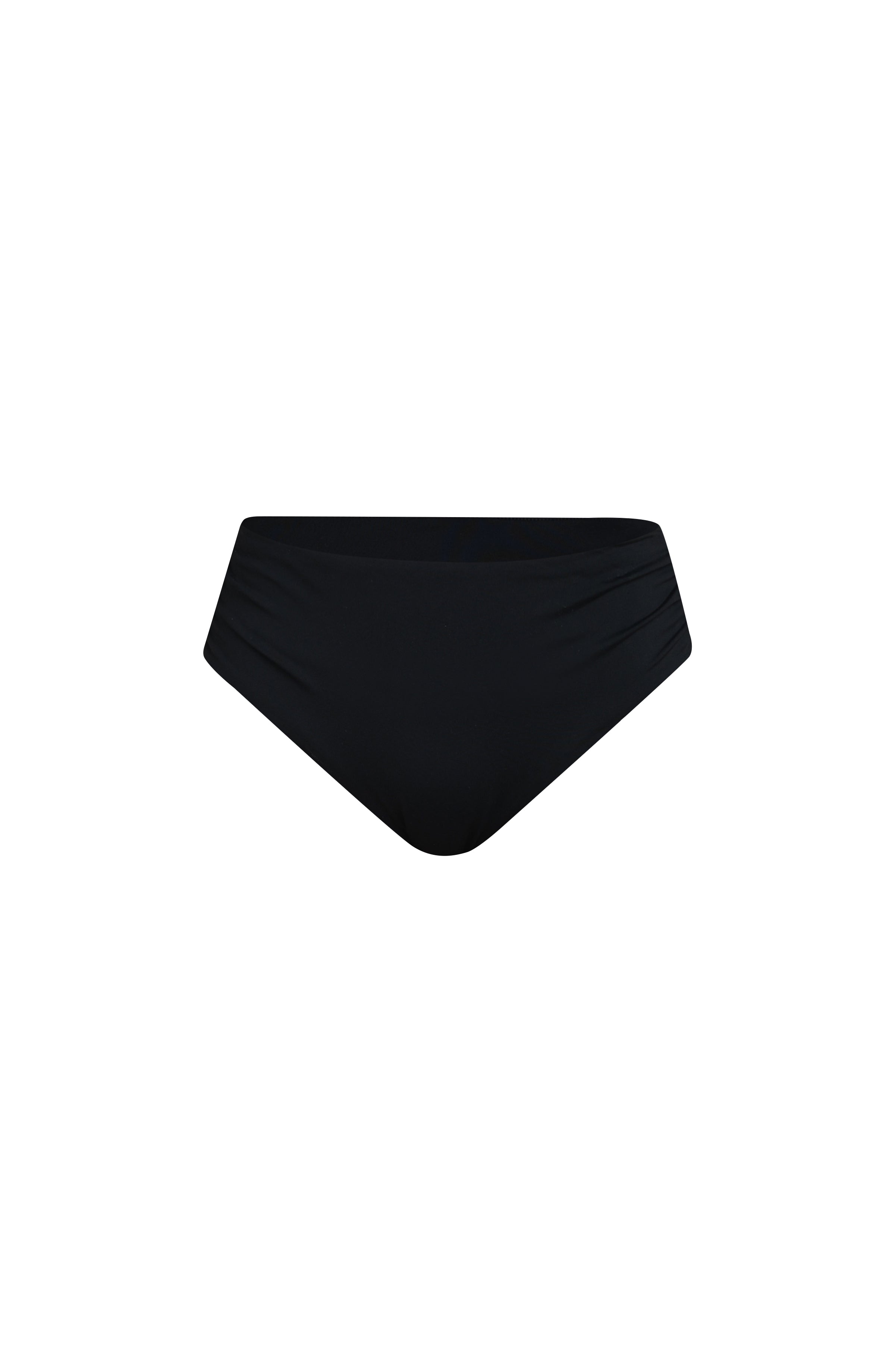 Floating image of a black bikini bottom with ruched sides and full coverage fit. 