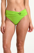 Woman wearing an apple green mid-waist bottom against a white background.