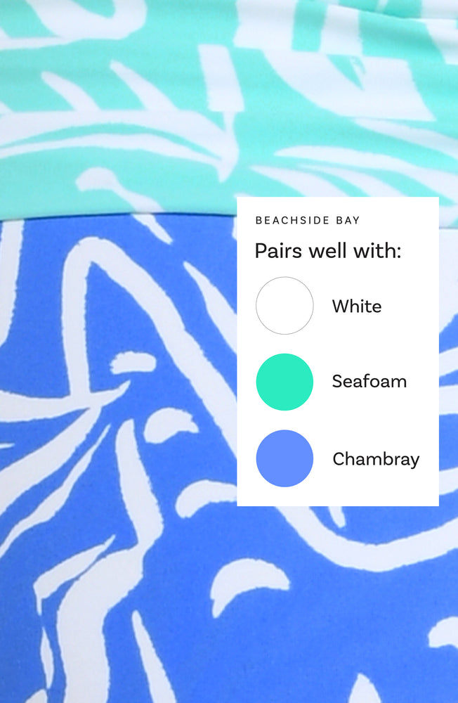 This is a Beachside Bay swim collection Color Chart suggesting the following corresponding colors: White, Seafoam, and Chambray.