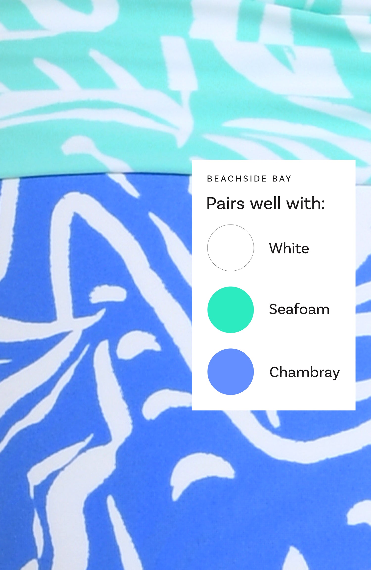 This is a Beachside Bay swim collection Color Chart suggesting the following corresponding colors: White, Seafoam, and Chambray.