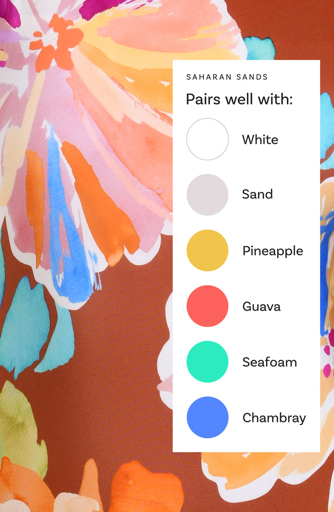 This is a Saharan Sands swim collection Color Chart suggesting the following corresponding colors: White, Sand, Pineapple, Guava, Seafoam, and Chambray.