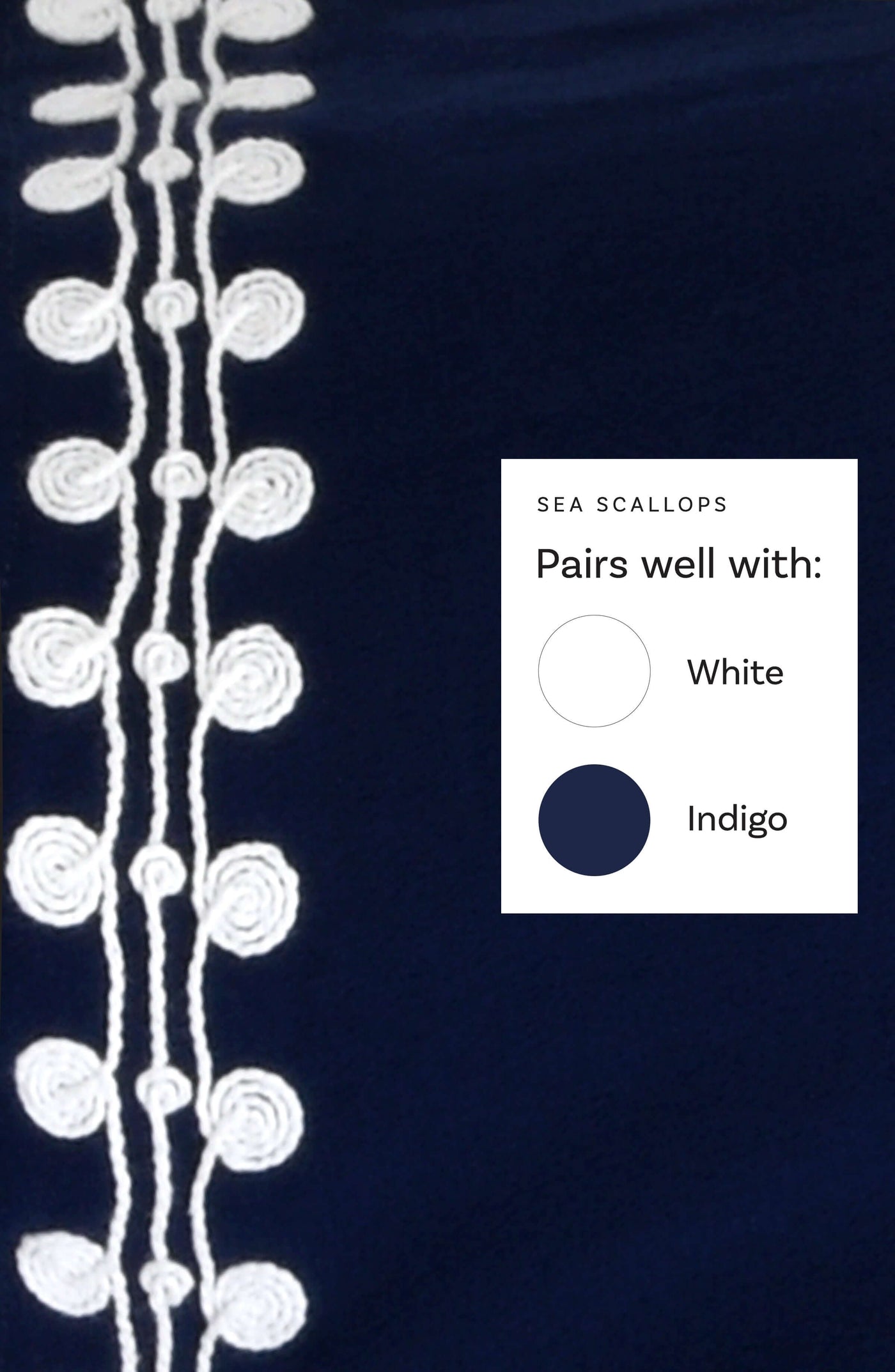 
                  
                    This is a Sea Scallops swim collection Color Chart suggesting the following corresponding colors: White and Indigo.
                  
                