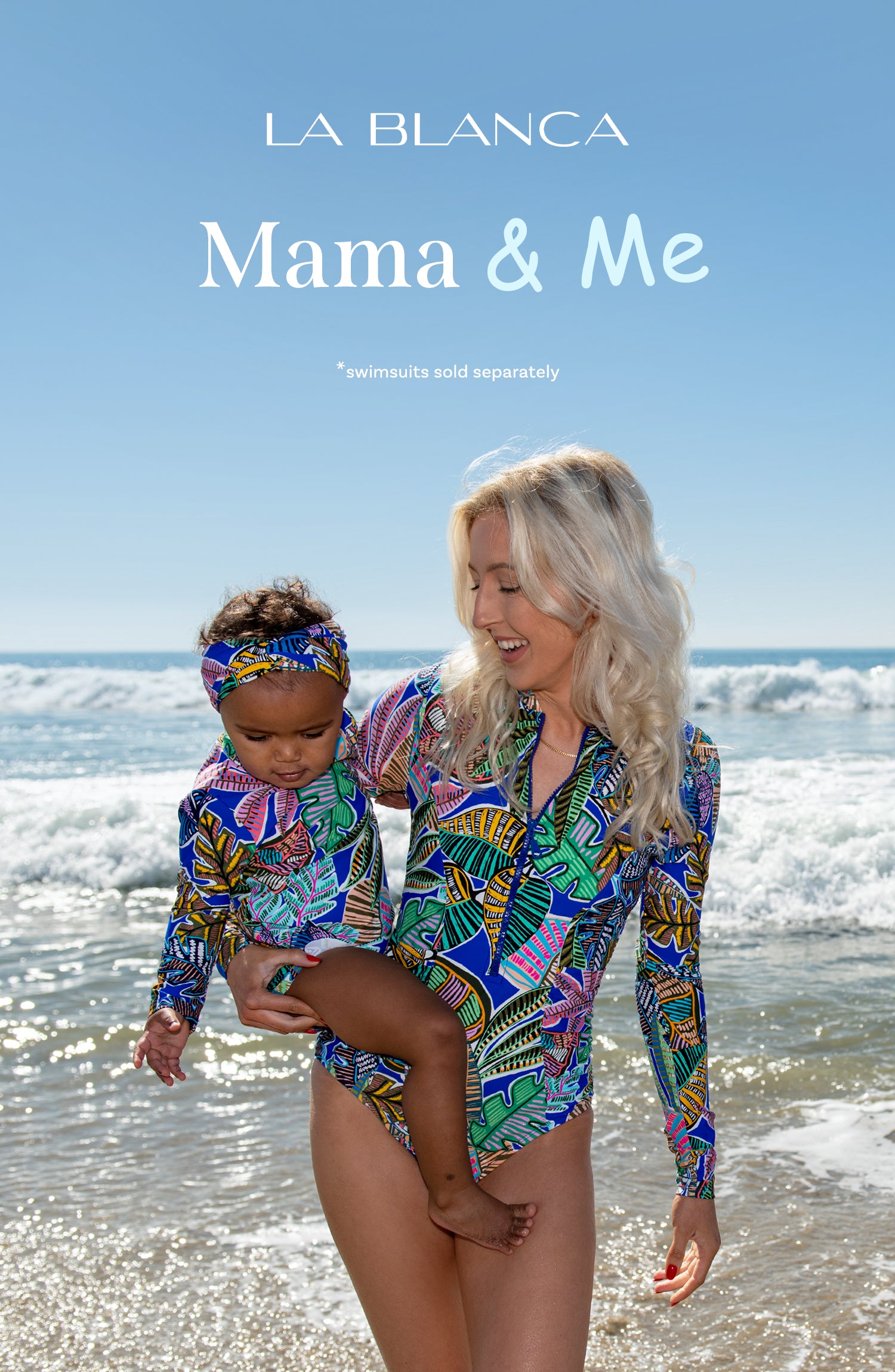 Toddler is wearing a neon colored tropical printed long sleeve rashguard top and hipster bottom set from our Mama and Me Neon Nights collection.