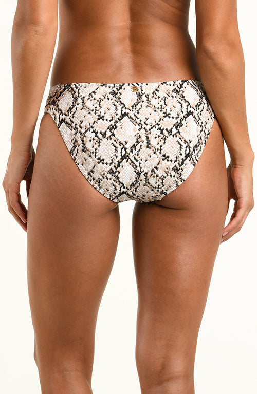 Rear view of a model wearing high-waisted bikini bottoms with a beige, black, and white snakeskin pattern against a plain white background.
