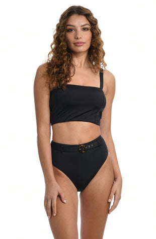 Model is wearing a solid black colored midkini top from our Wanderlust Solids collection.