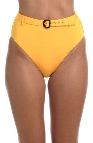 Model is wearing a solid sunshine yellow colored high waist bikini bottom from our Wanderlust Solids collection.