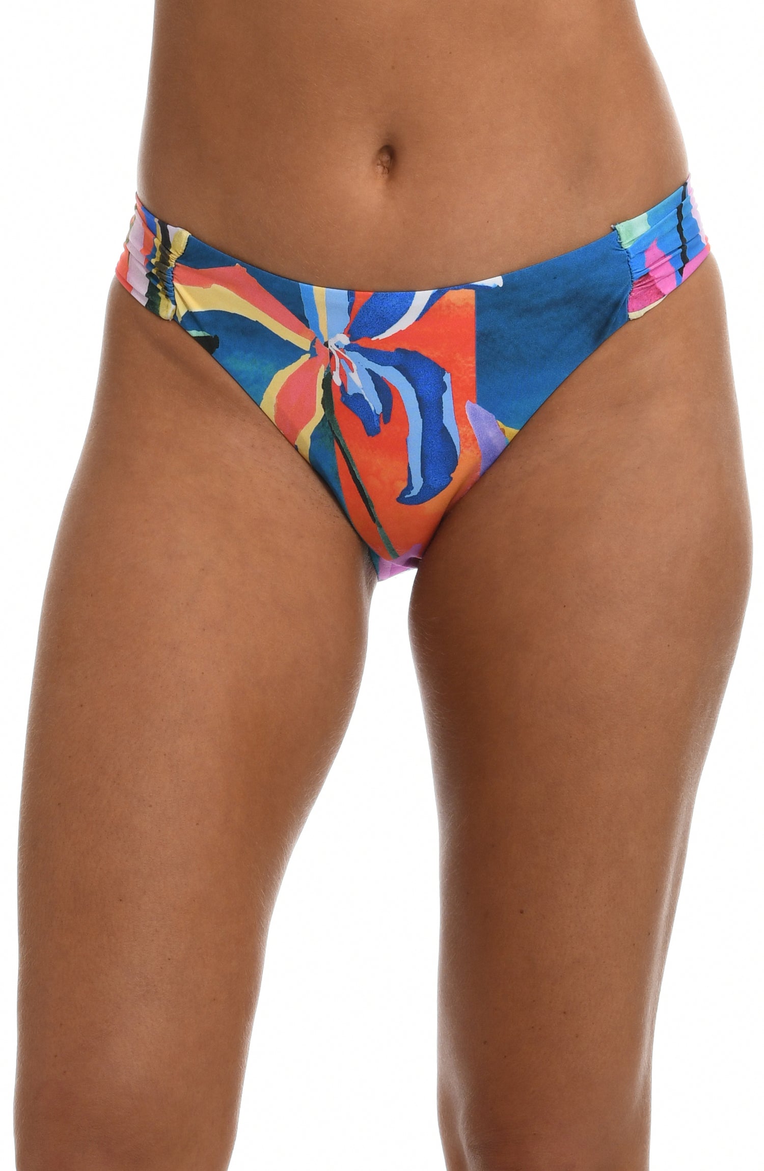 Model is wearing a blue multicolored floral printed side shirred hipster bottom from our Feelin Fine Floral collection.