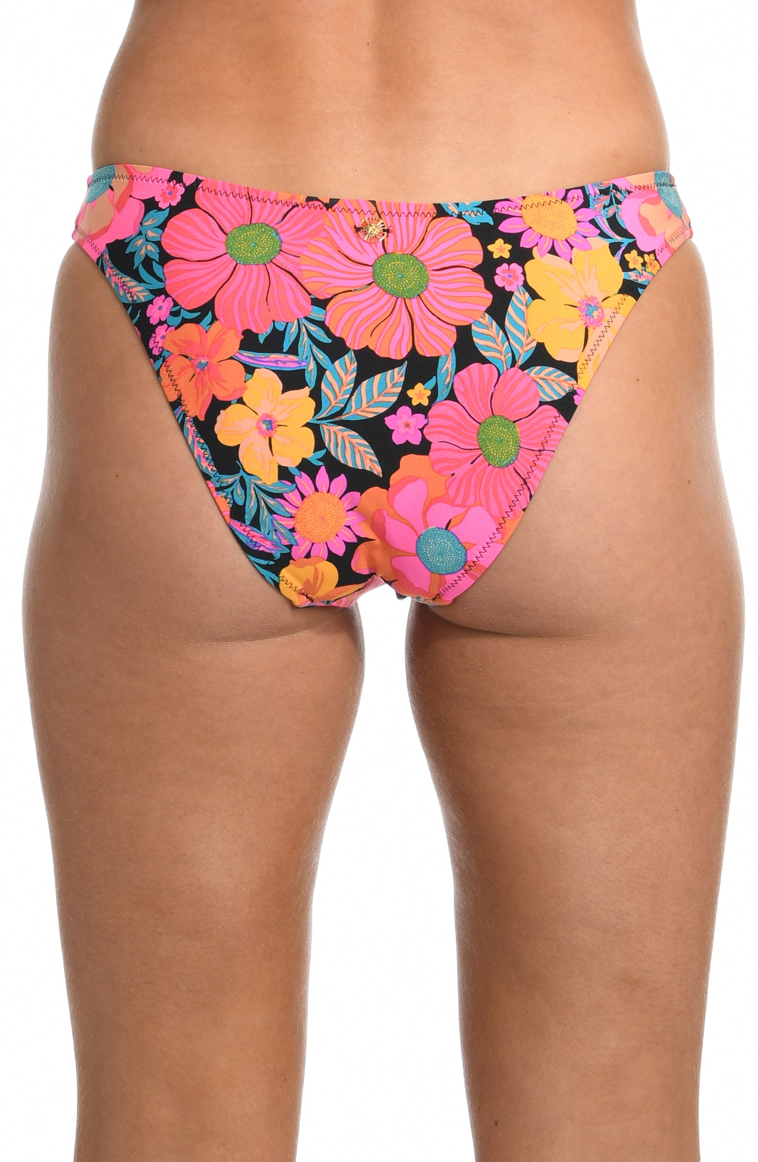 Model is wearing a yellow and pink multicolored retro inspired flower printed french cut bikini swimsuit bottom from our Flower Power collection.